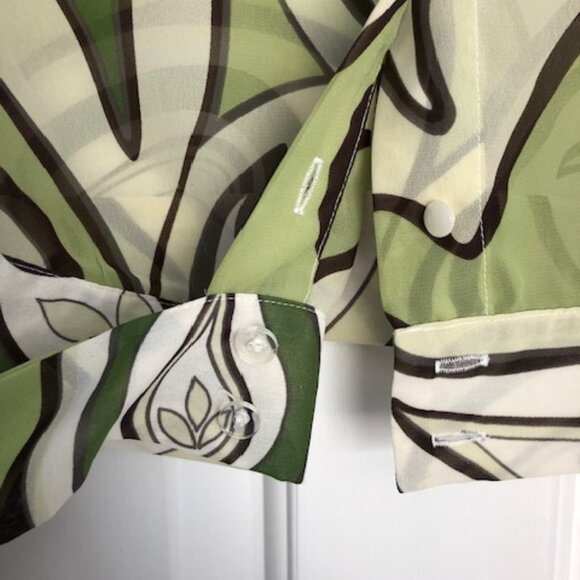 New York & Company Button Down Tie Waist Long-sleeve Green Paisley Blouse Small - Picture 3 of 12